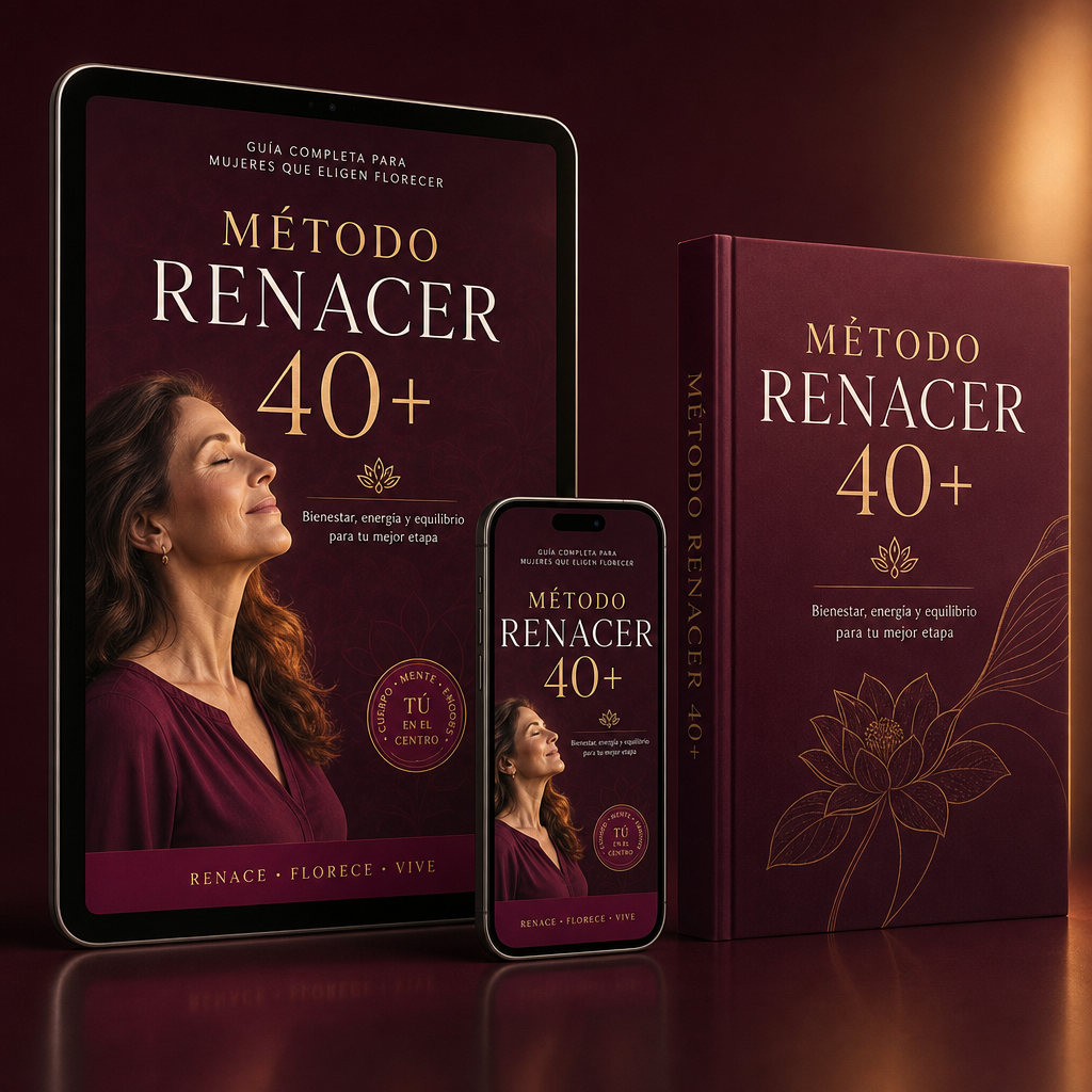 Mockup del MÉTODO RENACER 40+ en tablet y guía impresa